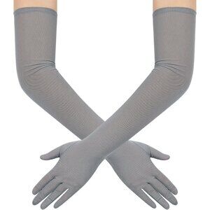 Women's Tulle Mesh Gray Long Stretchy Gloves Halloween Party Wedding Costume